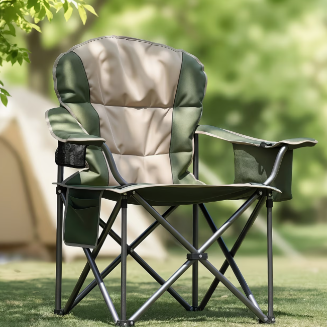 Green and beige folding camping chair with padded backrest and side storage