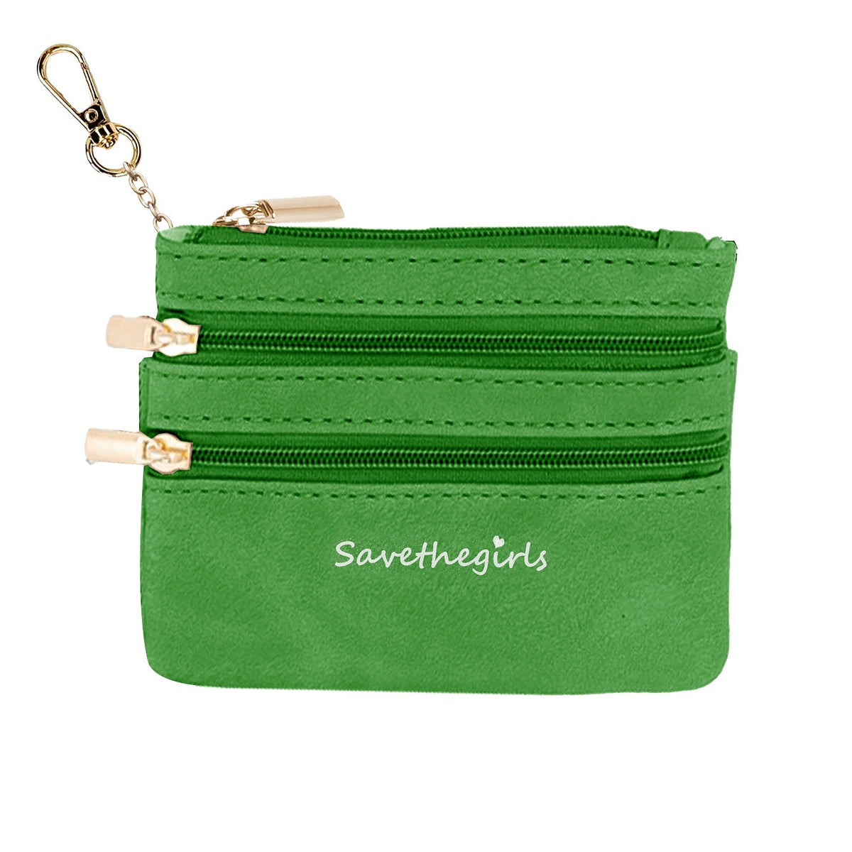 Green zippered pouch with three zipper compartments and metal keychain ring