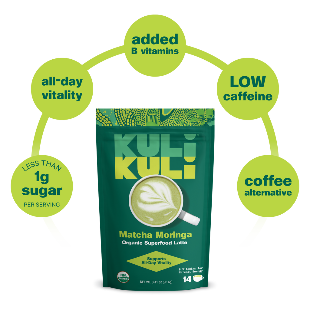 Green Kuli Kuli Matcha Moringa latte pouch with circular benefit icons