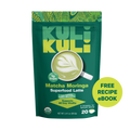 Green Kuli Kuli Matcha Moringa latte powder pouch, front view with latte cup icon