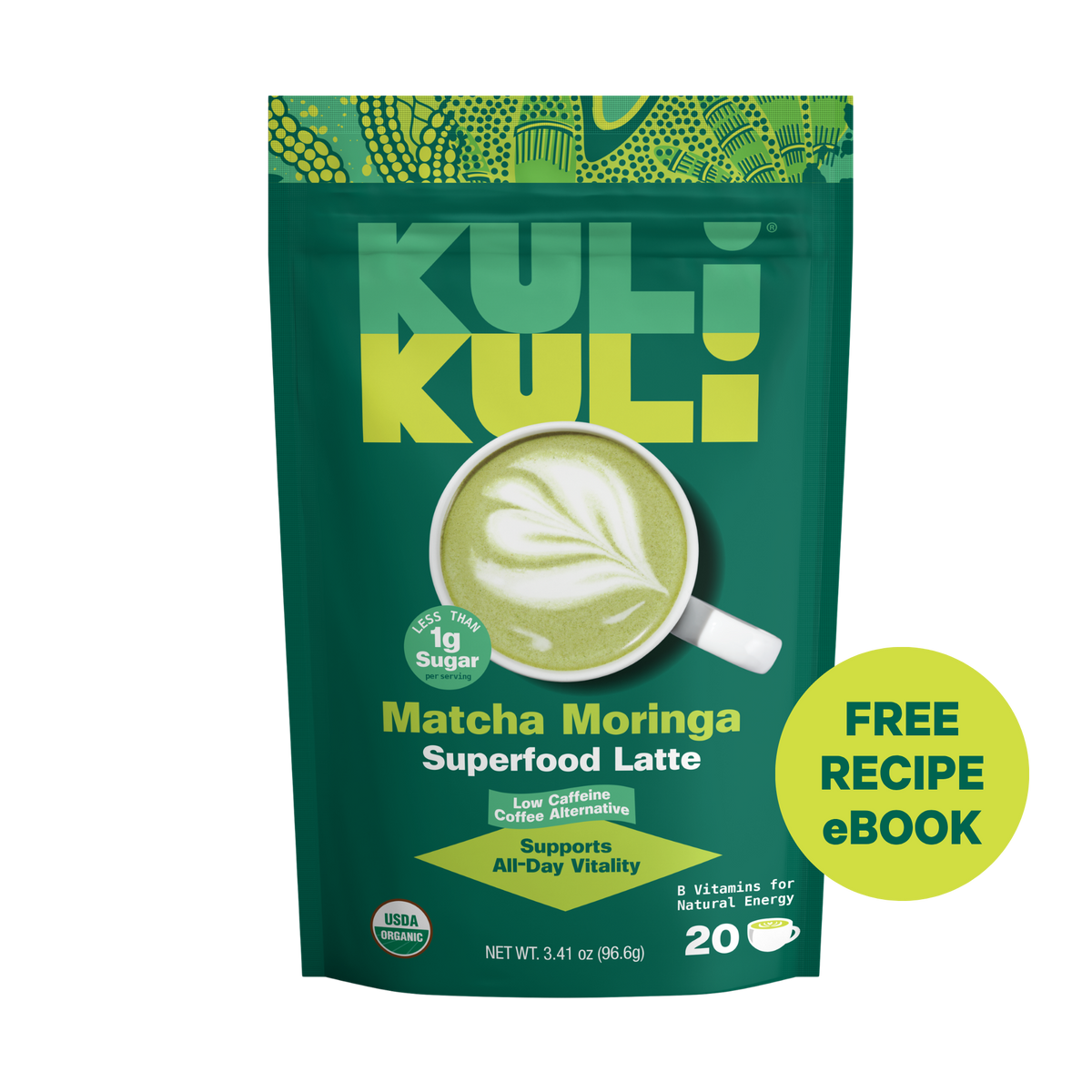 Green Kuli Kuli Matcha Moringa latte powder pouch, front view with latte cup icon