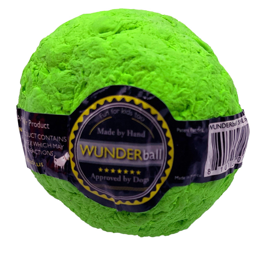 Neon green textured fetch ball with black approval label band.