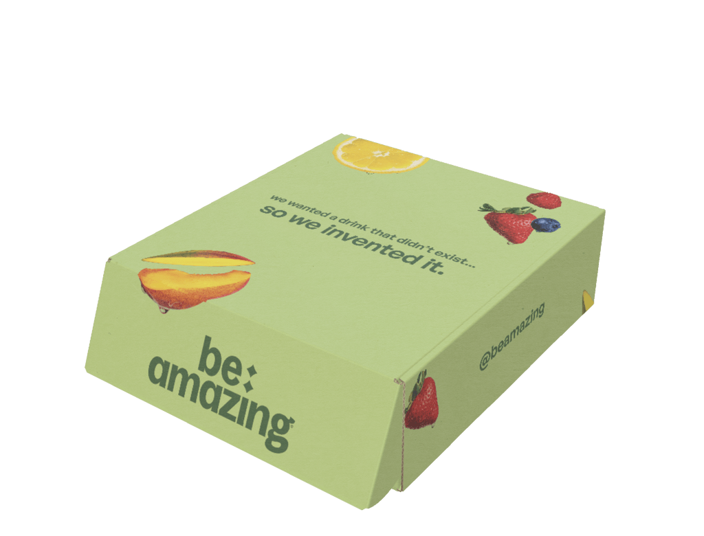 Be Amazing cardboard package box with fruit illustrations and be: amazing logo