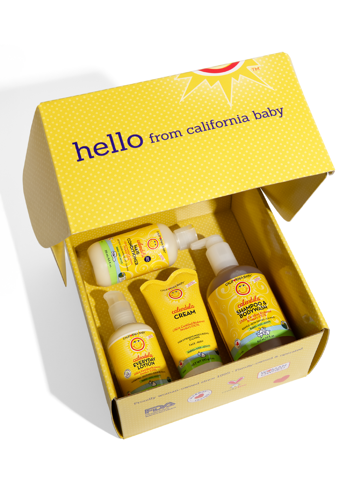 Calendula gift set box open with hello-from-california baby label and skincare bottles