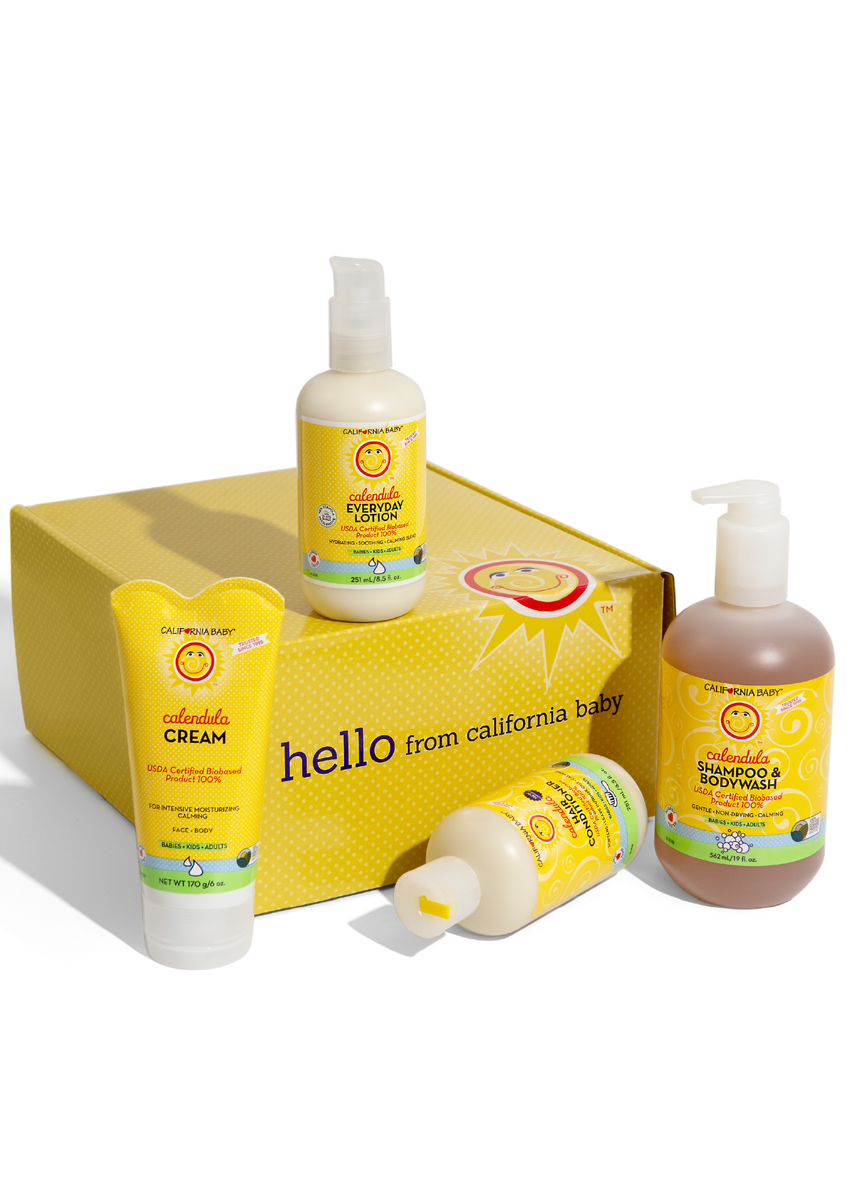 Calendula gift set with yellow box and four skincare bottles and tubes