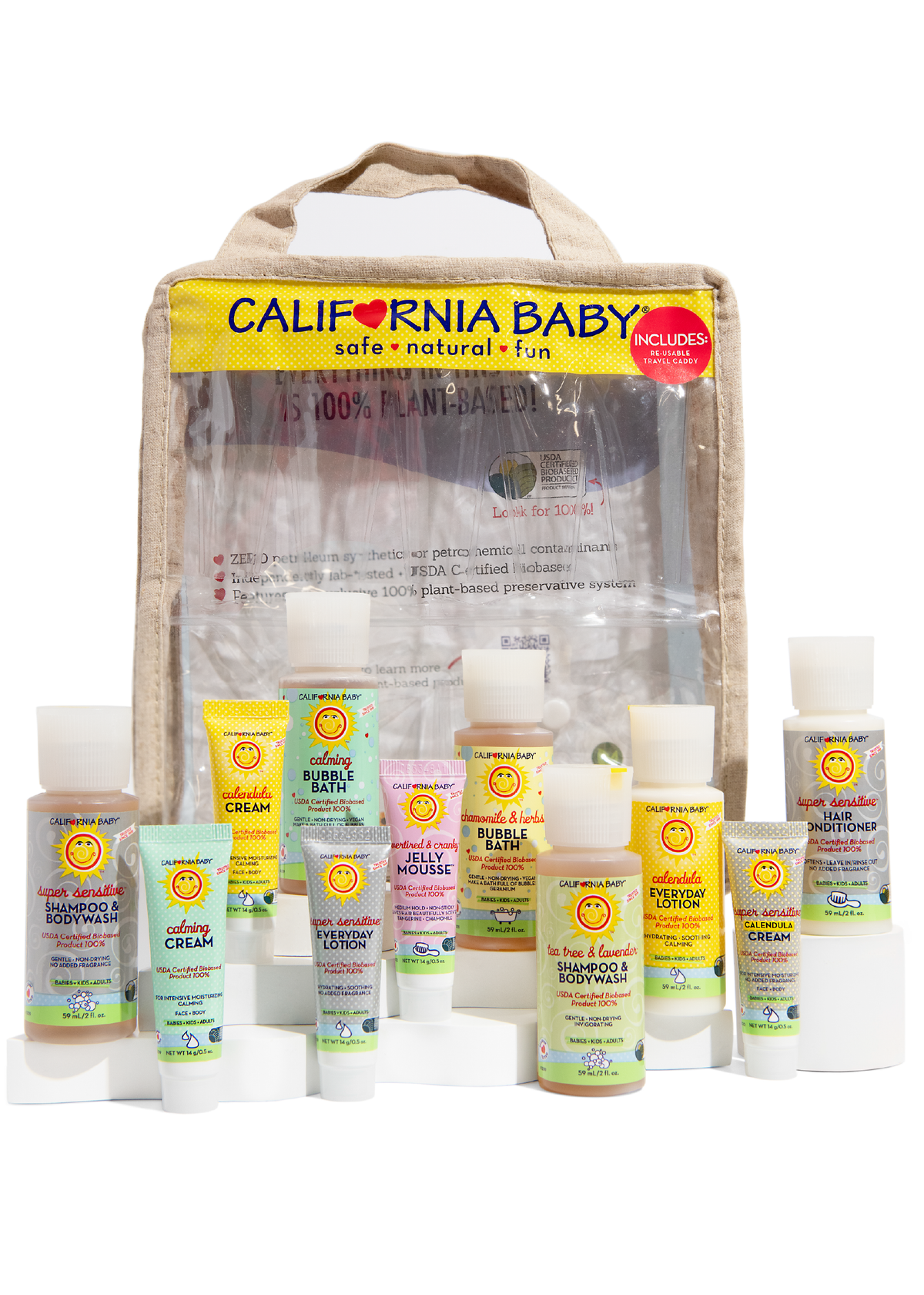 Plant-based deluxe travel set: beige travel pouch with mini California Baby bottles, assorted