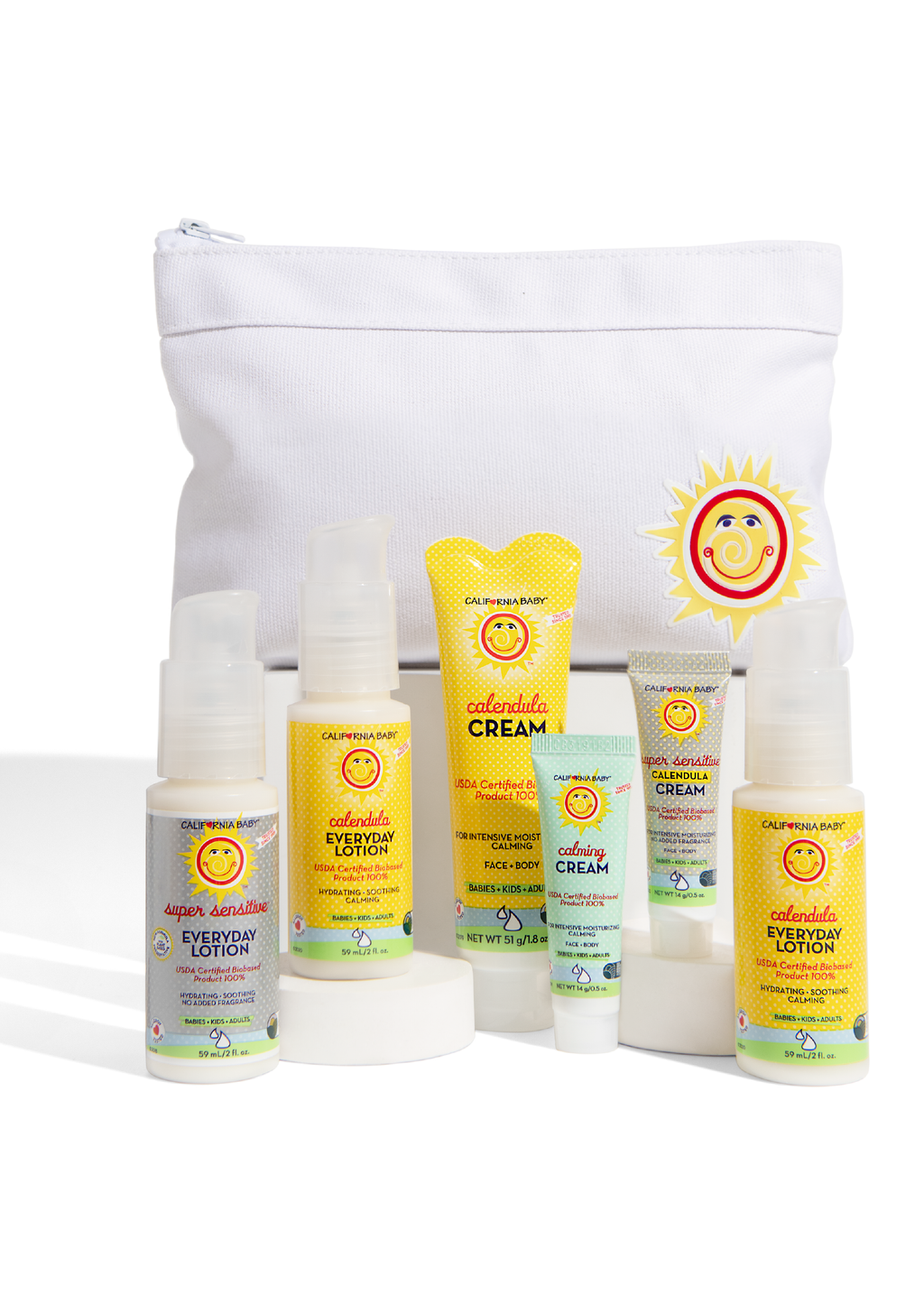 White zip travel pouch with five yellow-labeled moisturizer bottles