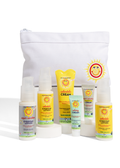 White zip travel pouch with five yellow-labeled moisturizer bottles