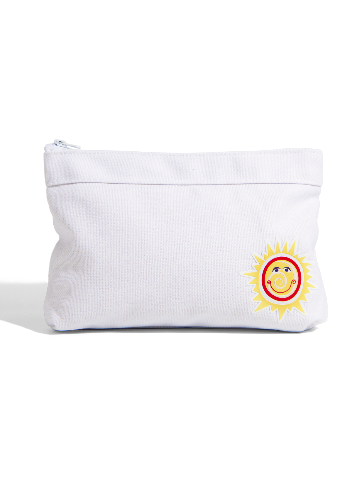 White zip travel pouch with sun logo patch