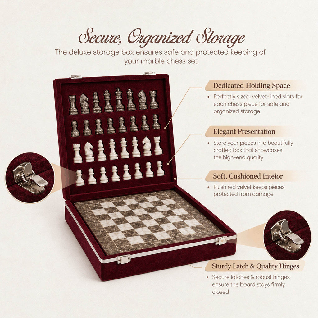 Marble chess set with grey and white pieces in an open velvet presentation case