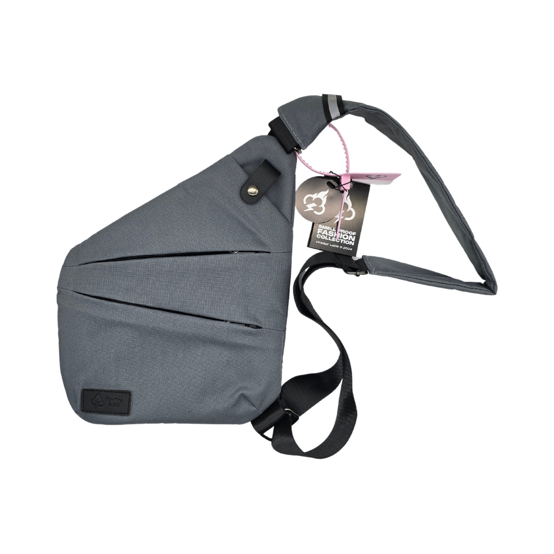 Gray crossbody bag with front flap, strap, and small front logo patch