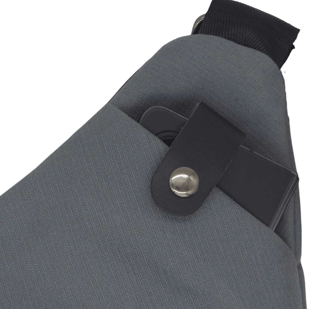 Smell-proof crossbody bag with hidden lock, dark gray textured fabric and strap