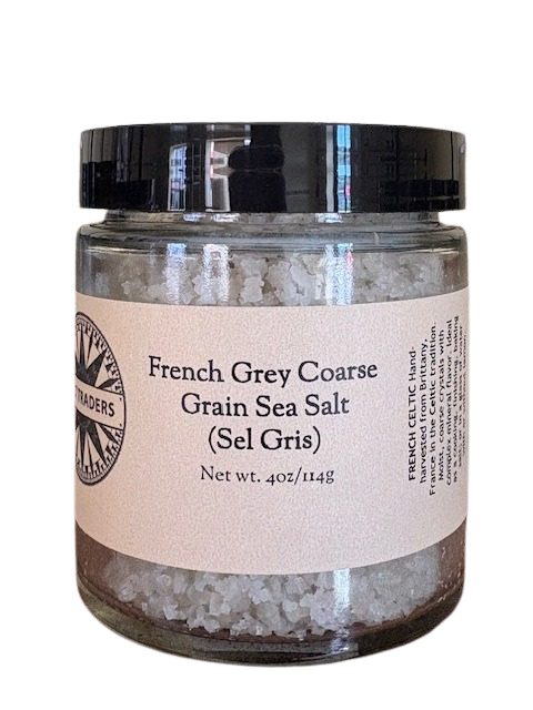 French Grey coarse grain sea salt jar with dark label and large salt crystals inside
