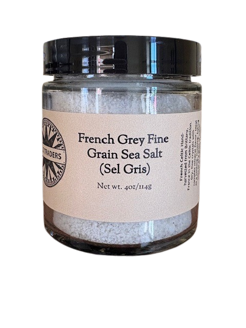 French Grey fine grain sea salt jar with dark label and pale salt inside