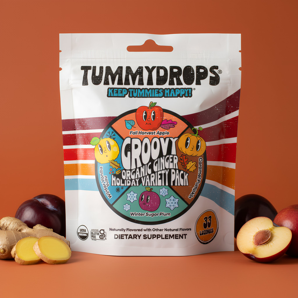 Tummydrops Groovy Organic Ginger holiday variety pack supplement pouch, 33-count
