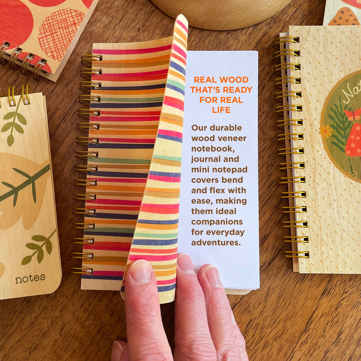 Mini notepad with spiral binding, striped pages, cat illustration on cover
