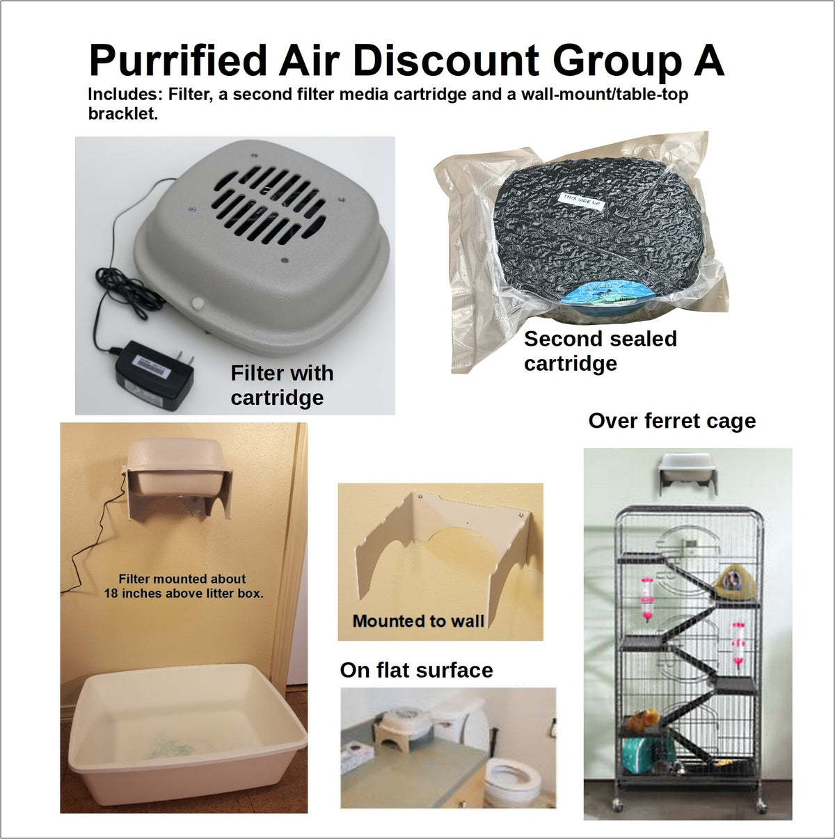 Air purifier bundle showing purifier, sealed filter cartridge, and wall/tabletop bracket