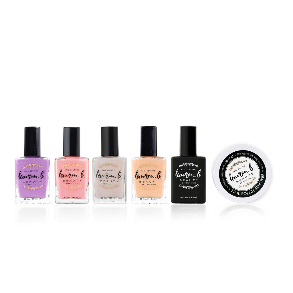 Five nail polish bottles with round polish pot, assorted pastel shades