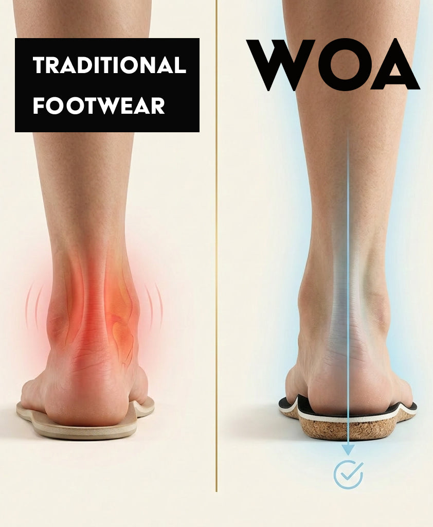 WOA boot on foot showing heel impact comparison with traditional footwear