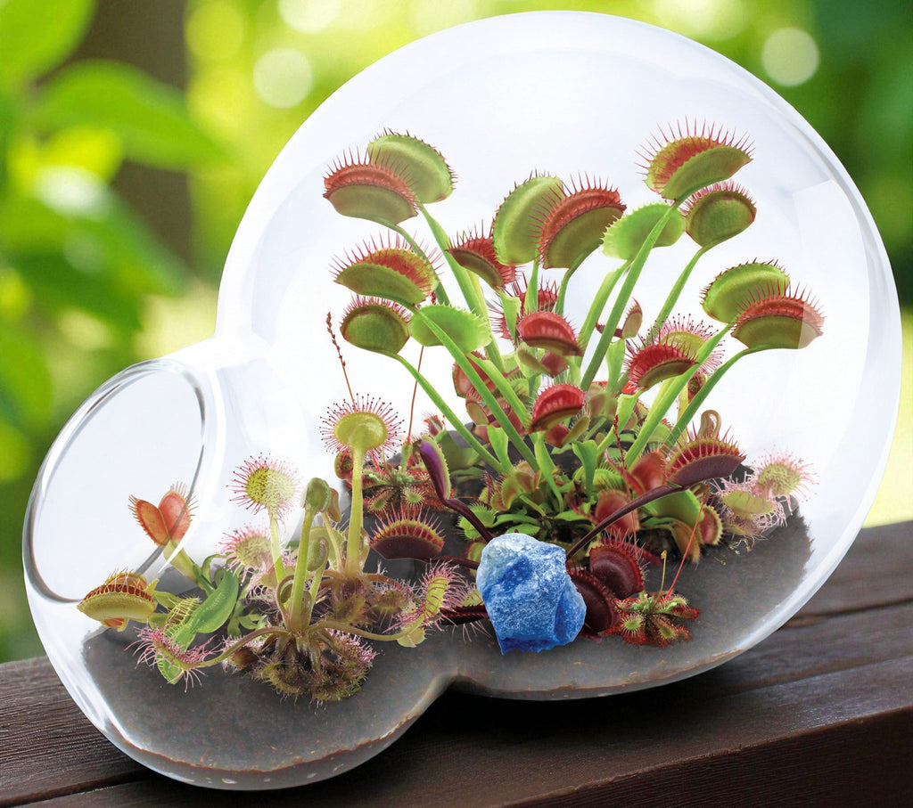 Double-sphere glass terrarium containing flytraps, sundews, and a blue quartz stone