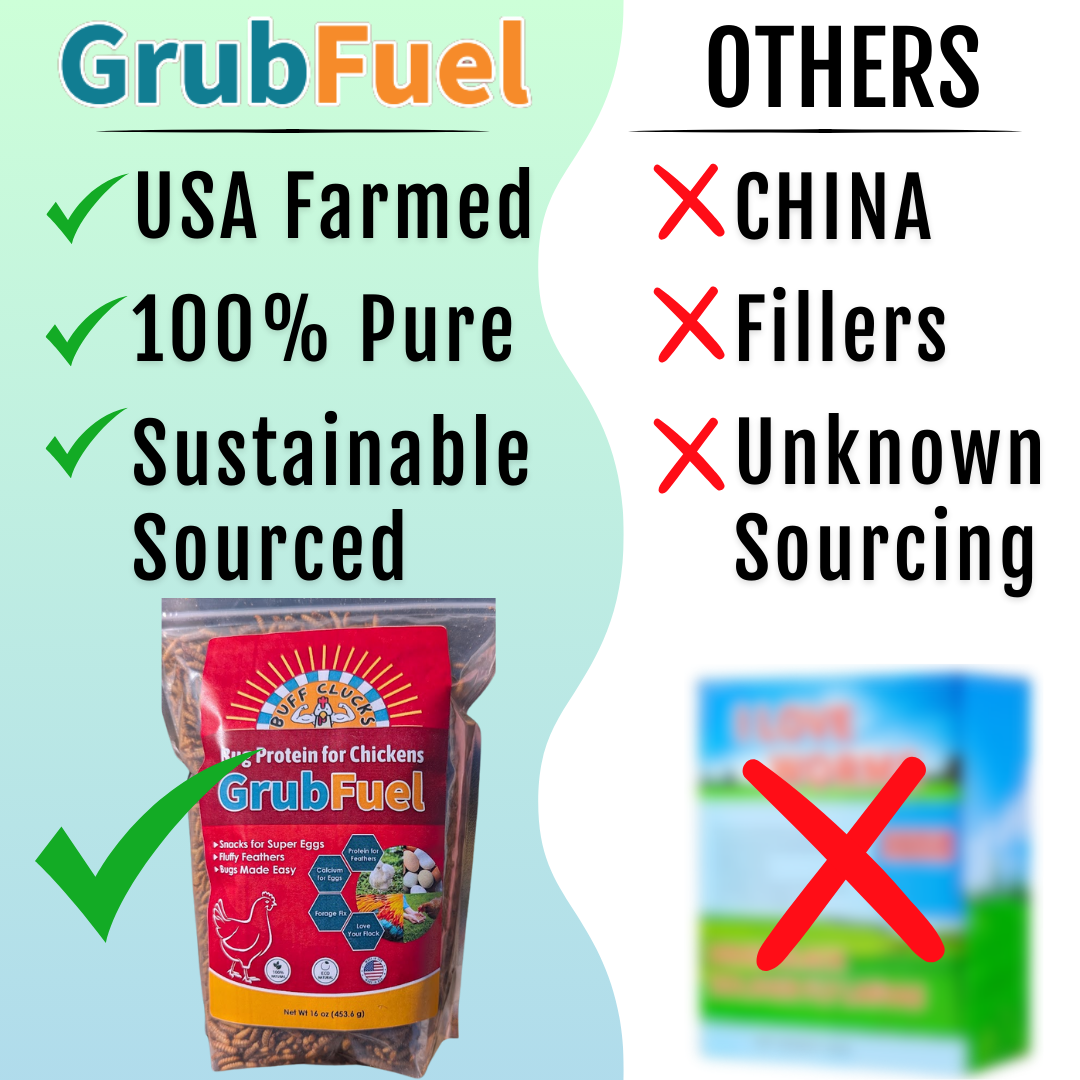 GrubFuel bug protein pouch shown on a comparison graphic.