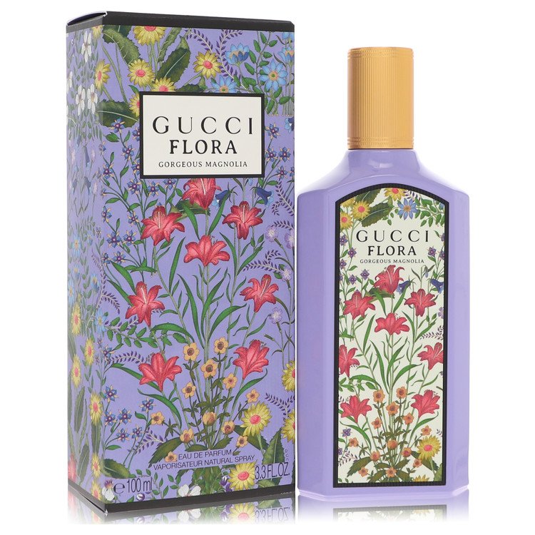 Gucci Flora Gorgeous Magnolia eau de parfum spray with floral-pattern bottle and box