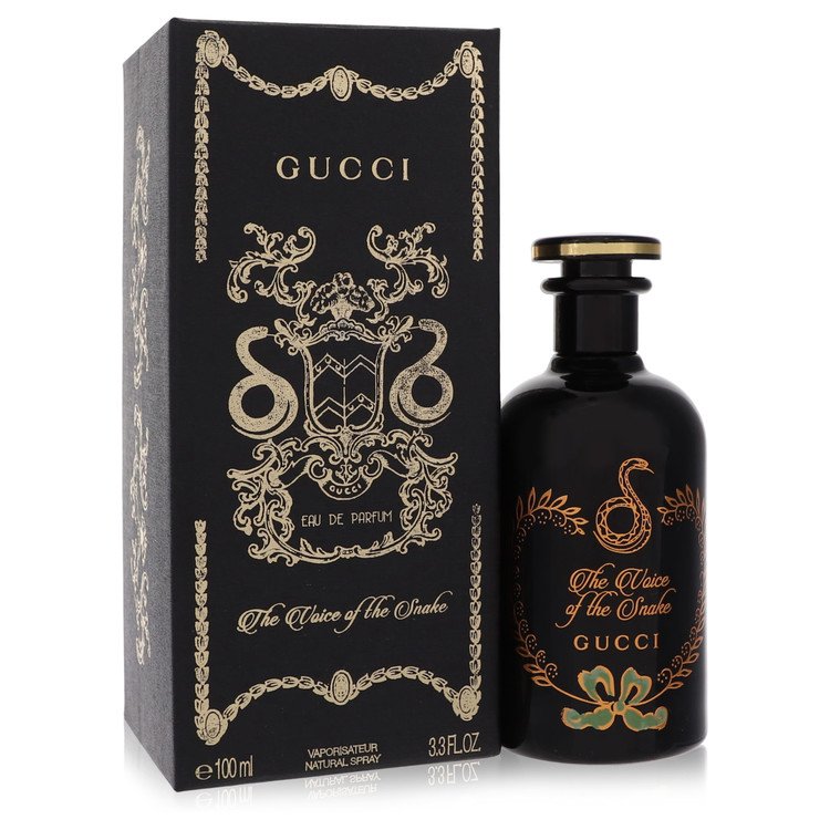 Gucci Eau de Parfum 3.3 fl oz spray bottle, black glass with gold snake label.