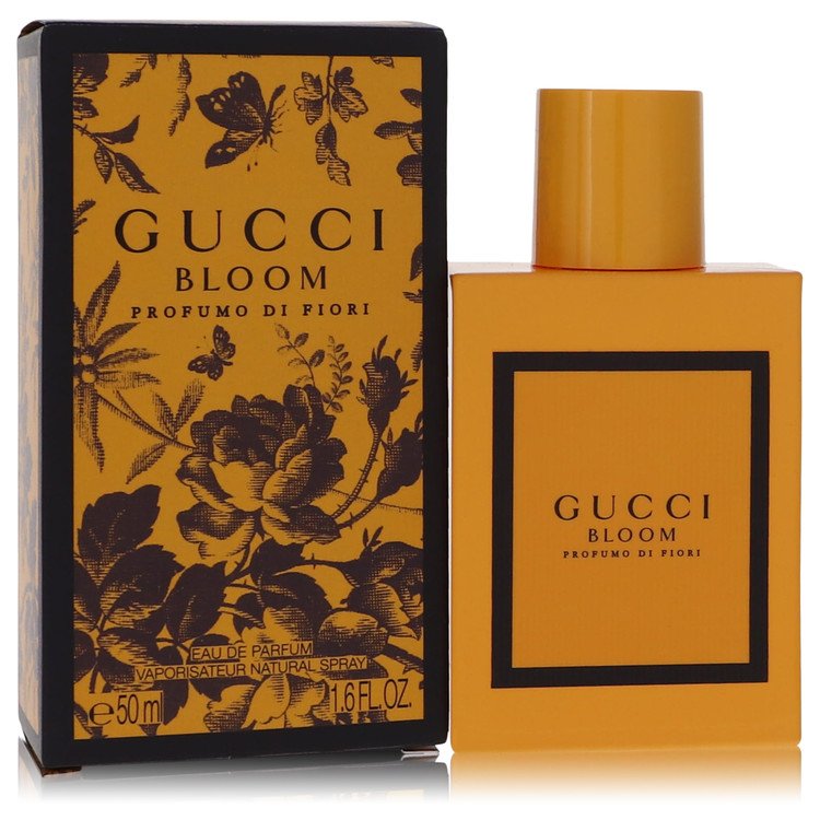 Gucci Bloom eau de parfum spray set: amber bottle with gold cap, floral box