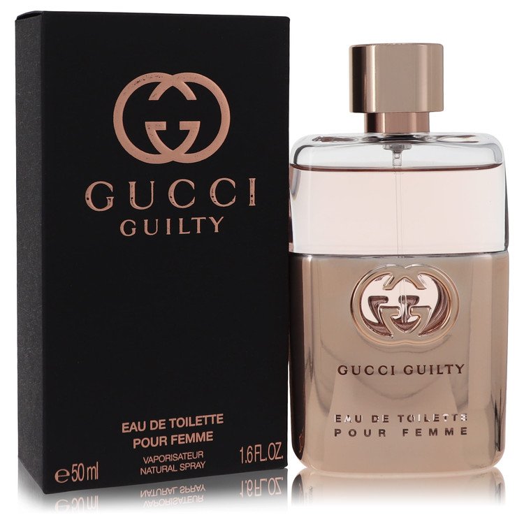Gucci Guilty Eau de Toilette spray bottle with gold cap and black box