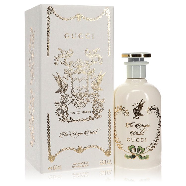 Gucci Virgin Violet Eau de Parfum spray bottle with ornate gold box and label