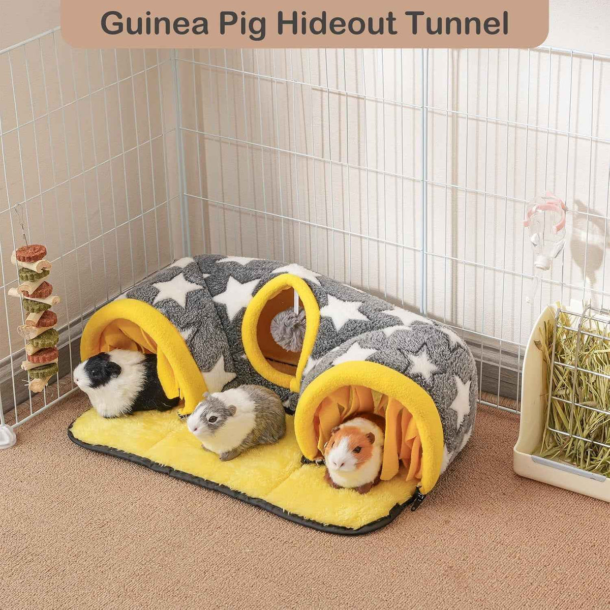 Star-print tunnel hideout with three yellow entrances and a matching plush mat