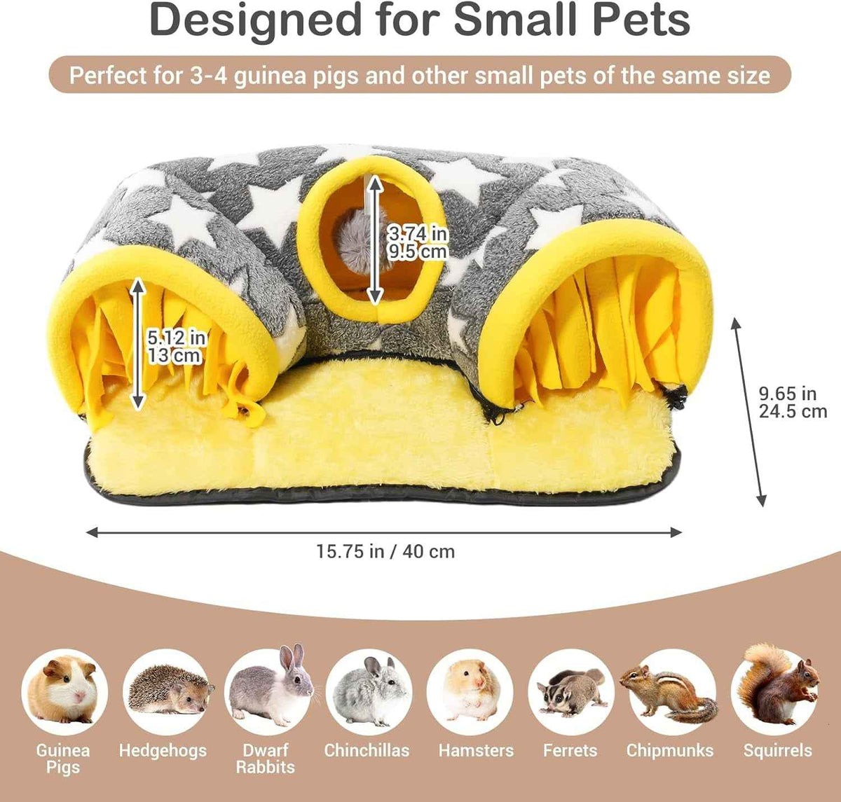 Star-print small-pet tunnel bed with three entrances and a yellow plush mat; dimensions shown