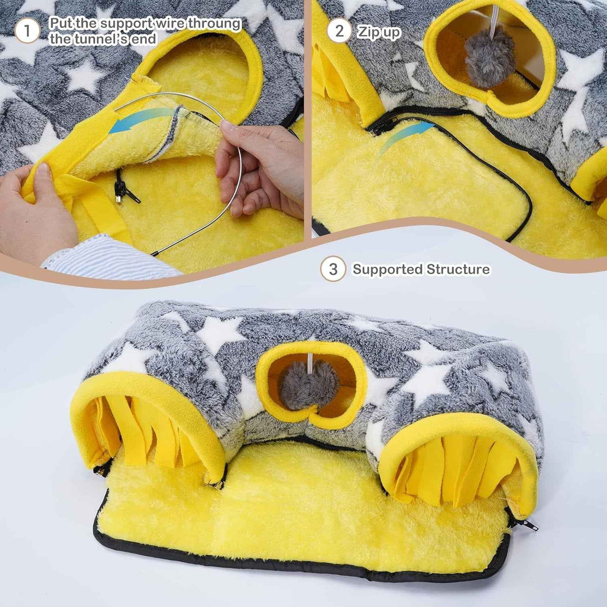 Star-print tunnel bed assembly shown with support wire and detachable zippered mat