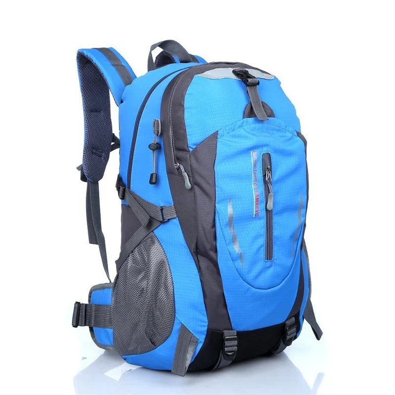 Water-resistant hiking backpack in sky blue and dark gray with front zip pocket and padded straps