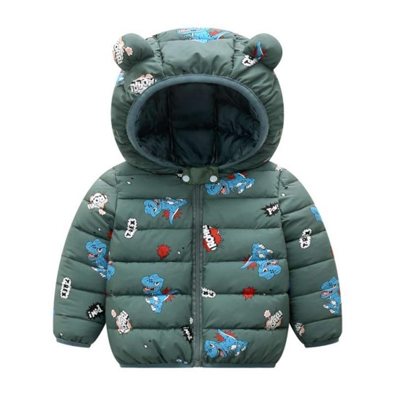 Infant dark green hooded puffer jacket with animal print, zip-front