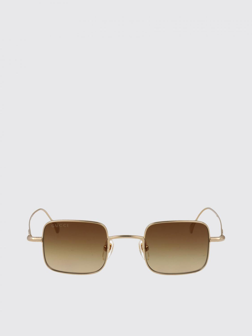 Gucci gold metal square sunglasses, front view, brown gradient lenses