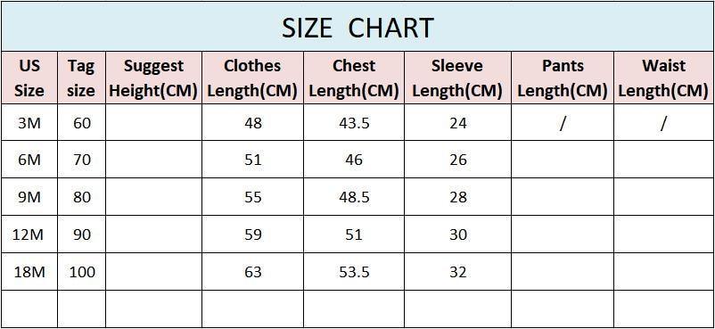 Size chart table for baby romper showing chest, sleeve, and pants measurements