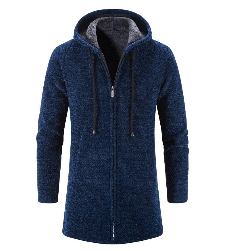 Men's dark blue hooded zip cardigan coat with drawstring neckline and side pockets