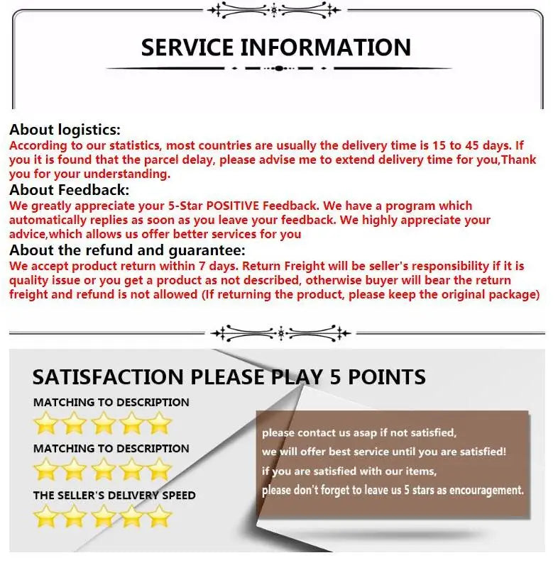 Printed service information sheet with delivery, refund, and satisfaction text