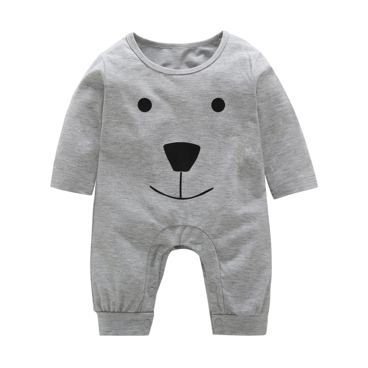 Newborn gray bear-face long-sleeve romper with snap legs