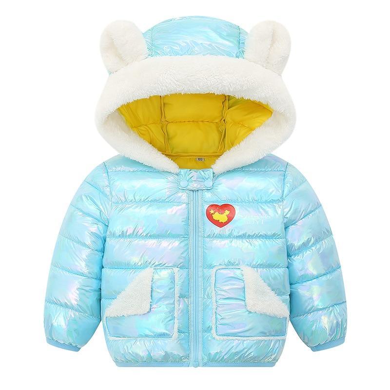 Light blue kids hooded puffer coat with white faux-fur trim and yellow-lined hood