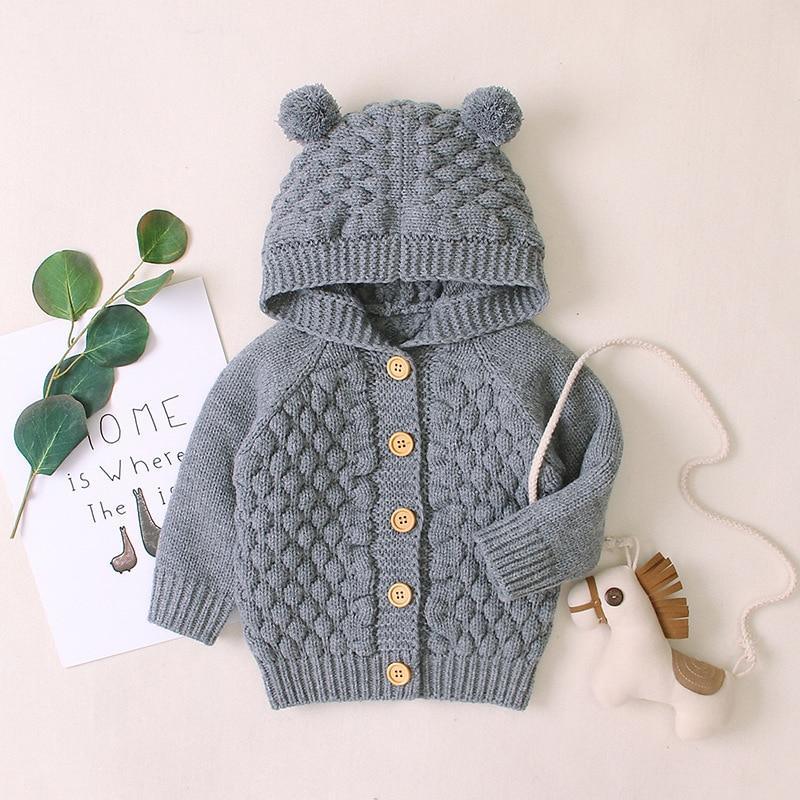 Infant hooded knit jacket, gray, pom-pom hood, textured knit, button front