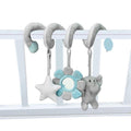 Gray baby crib spiral rattle toy with elephant plush, star shapes, and flower center