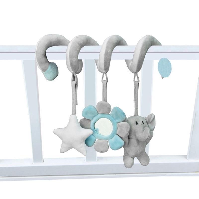 Gray baby crib spiral rattle toy with elephant plush, star shapes, and flower center