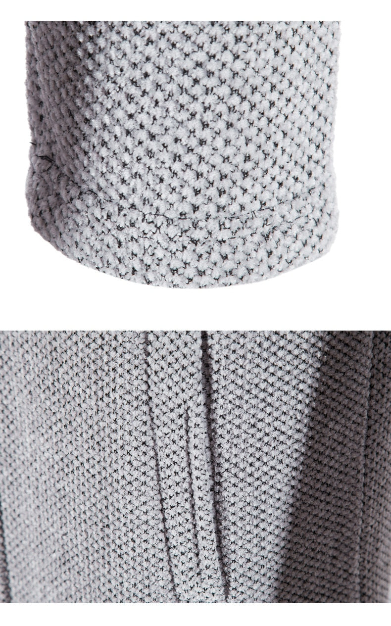 Light gray textured cardigan coat with hood, front zip, and drawstring hem