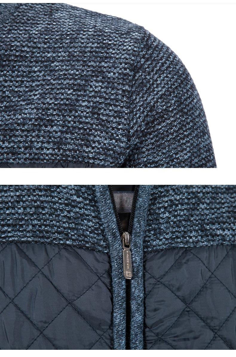 Men's fleece jacket detail: heather knit shoulder and center zipper close-up in blue