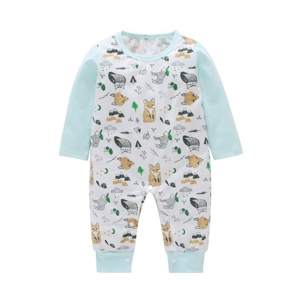 Newborn light blue animal icon print long-sleeve romper with snap legs