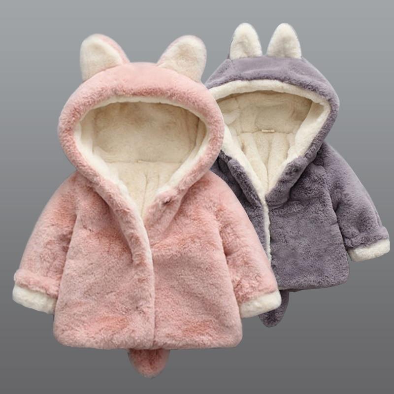 Pink plush hooded rabbit jacket with long-ear hood and front closure
