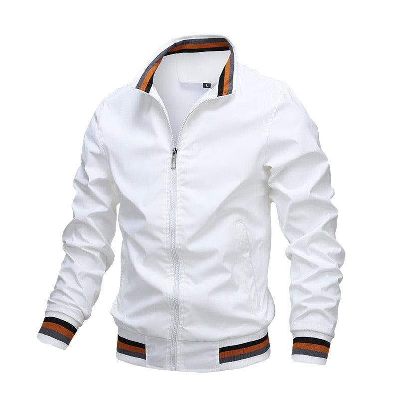 Men’s lightweight white jacket with zip front and striped ribbed cuffs and hem