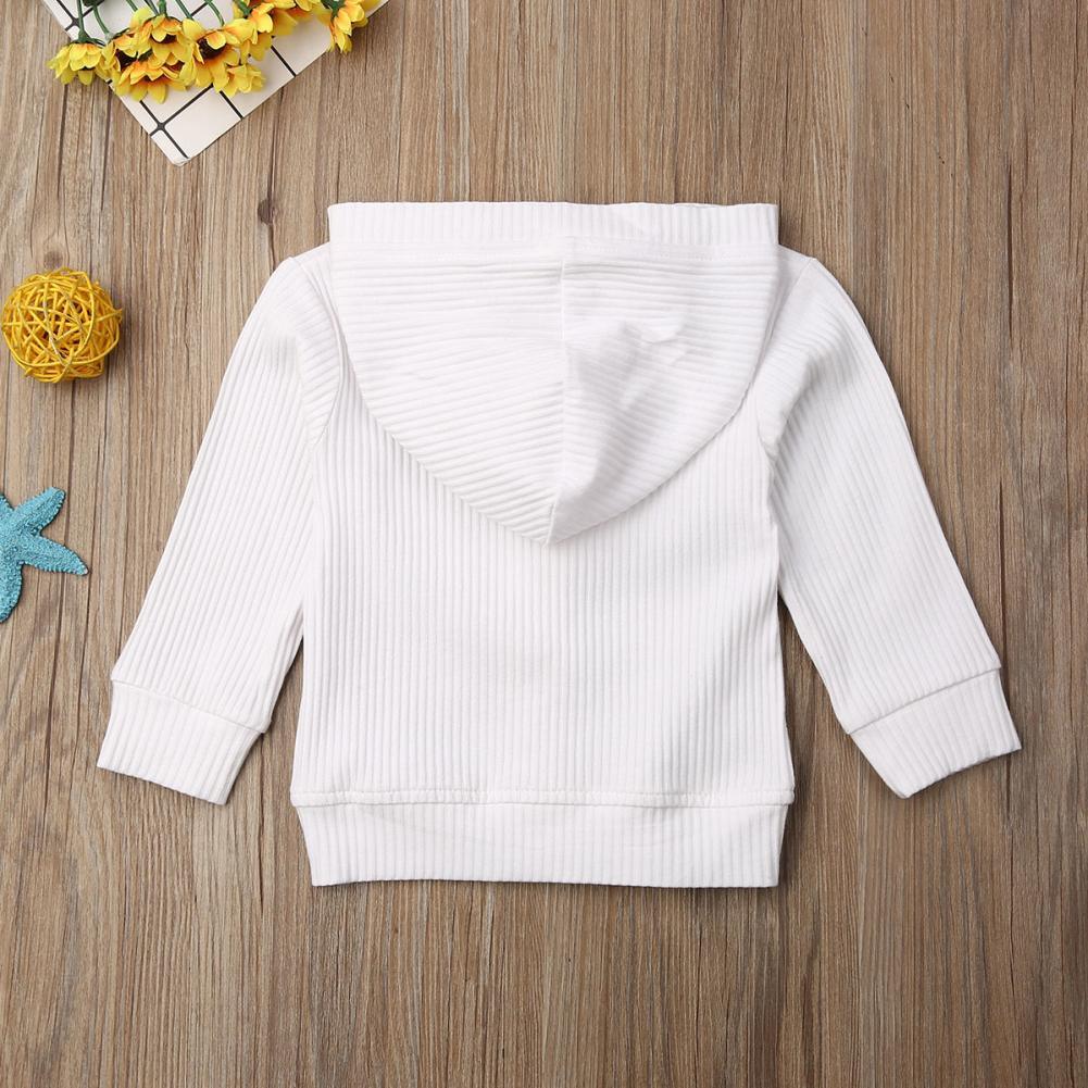 Infant hooded knit jacket with long sleeves, white, button front, ribbed cuffs